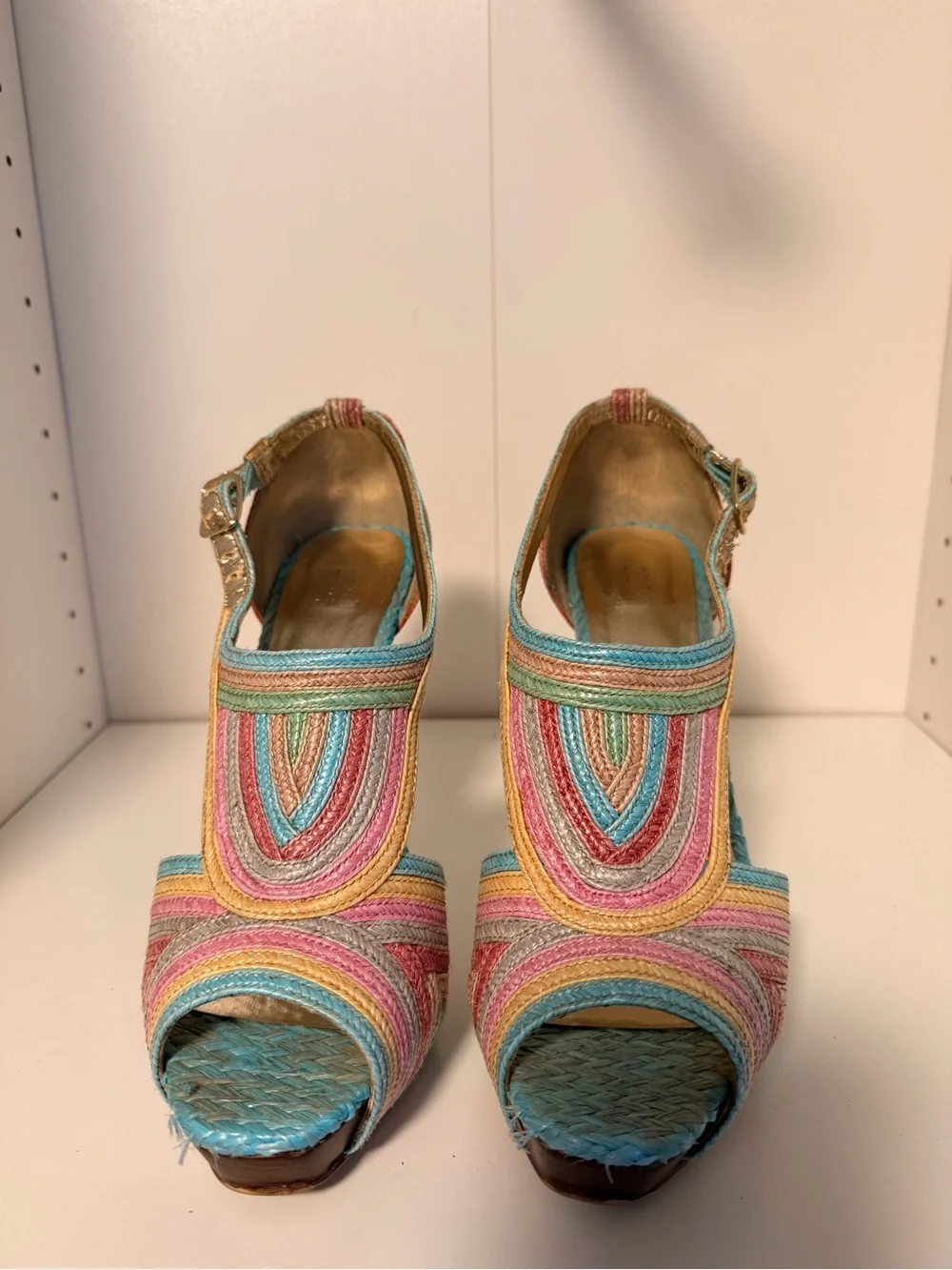 Bakers Rainbow Woven Platform Stiletto Heels Size 8.5 Y2K Colorful Sandals